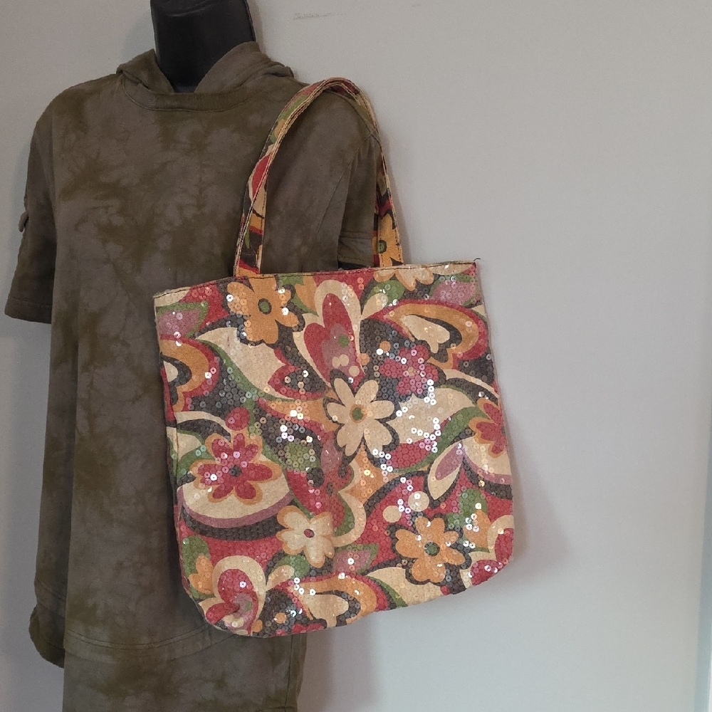 Fashion Express FE Colorful Floral Sequin Tote‎ Summer Flower Bag